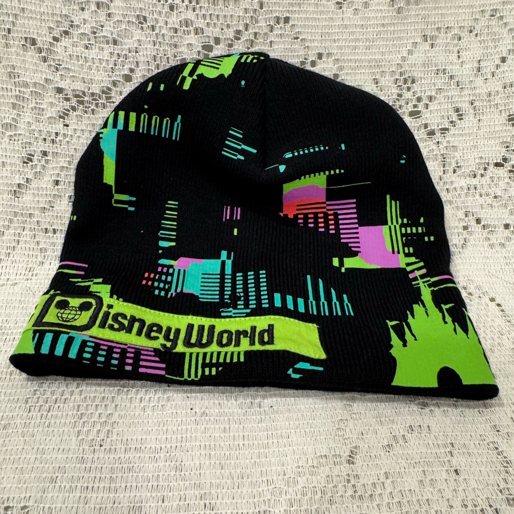 Disney Park Walt Disney World Knit Beanie  Black and Neon  One Size NWT